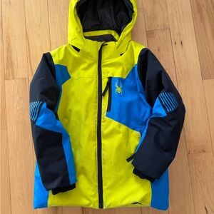 Spyder Boys' Neon Yellow and Blue Hooded Ski Jacket Size 7
